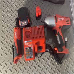 Houston location AS-IS MILWAUKEE M18/M12 12/18V Lithium-Ion Cordless 3/8 in. Ratchet and 1/2 in. Impact Wrench with Friction Ring Combo Kit