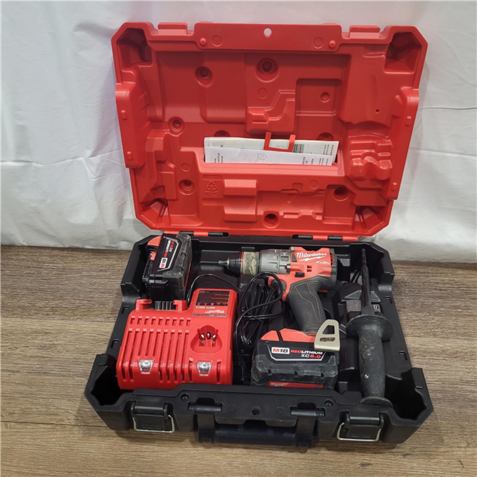 AS-IS Milwaukee 2904-22 Hammer Drill Driver Kit with Batteries  Charger & Tool Case  Red