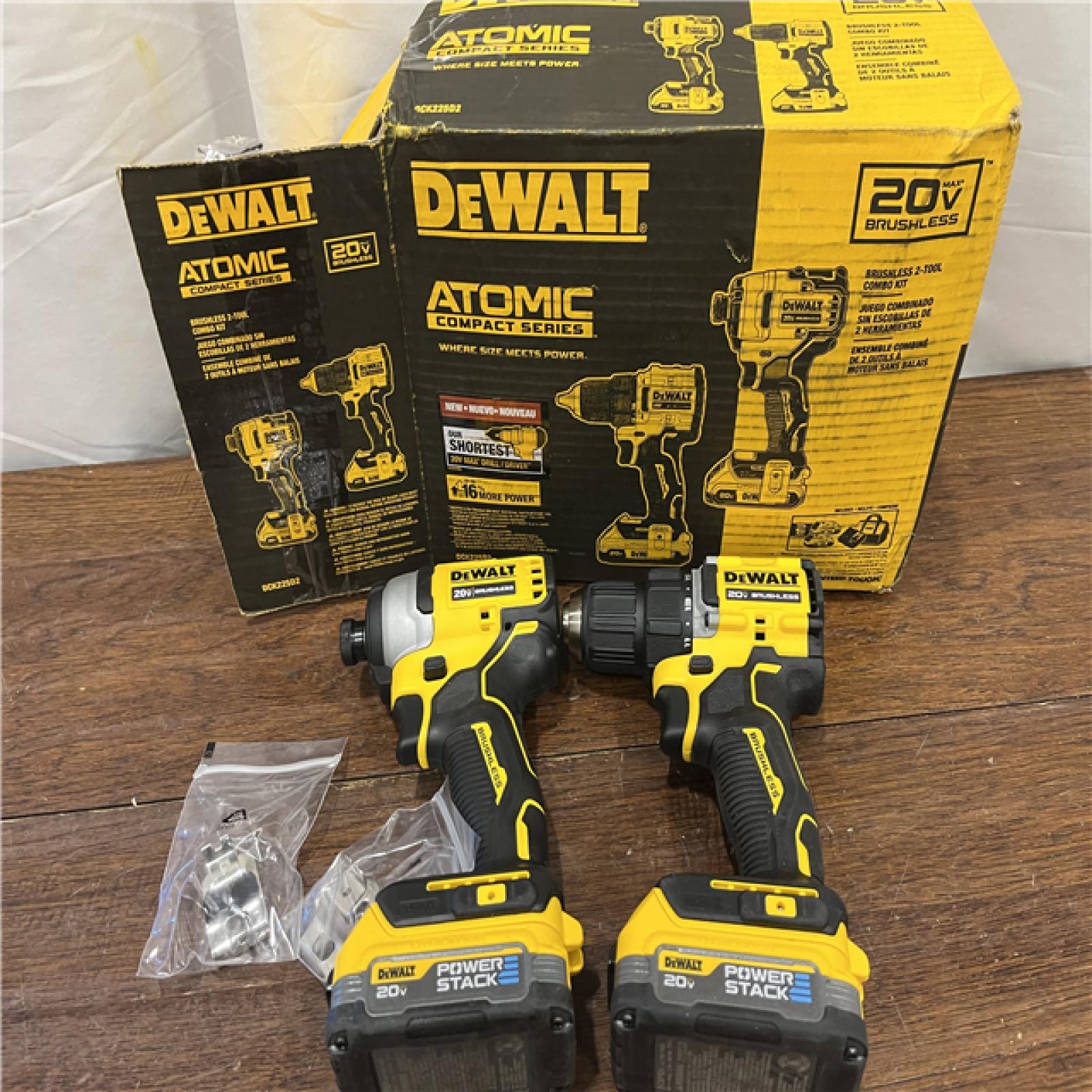 AS-IS Dewalt DCK225D2 20V MAX ATOMIC Brushless Compact Lithium-Ion 1/2 in. Cordless Drill Driver and 1/4 in. Impact Driver Combo Kit with 2 Batteries 2 Ah