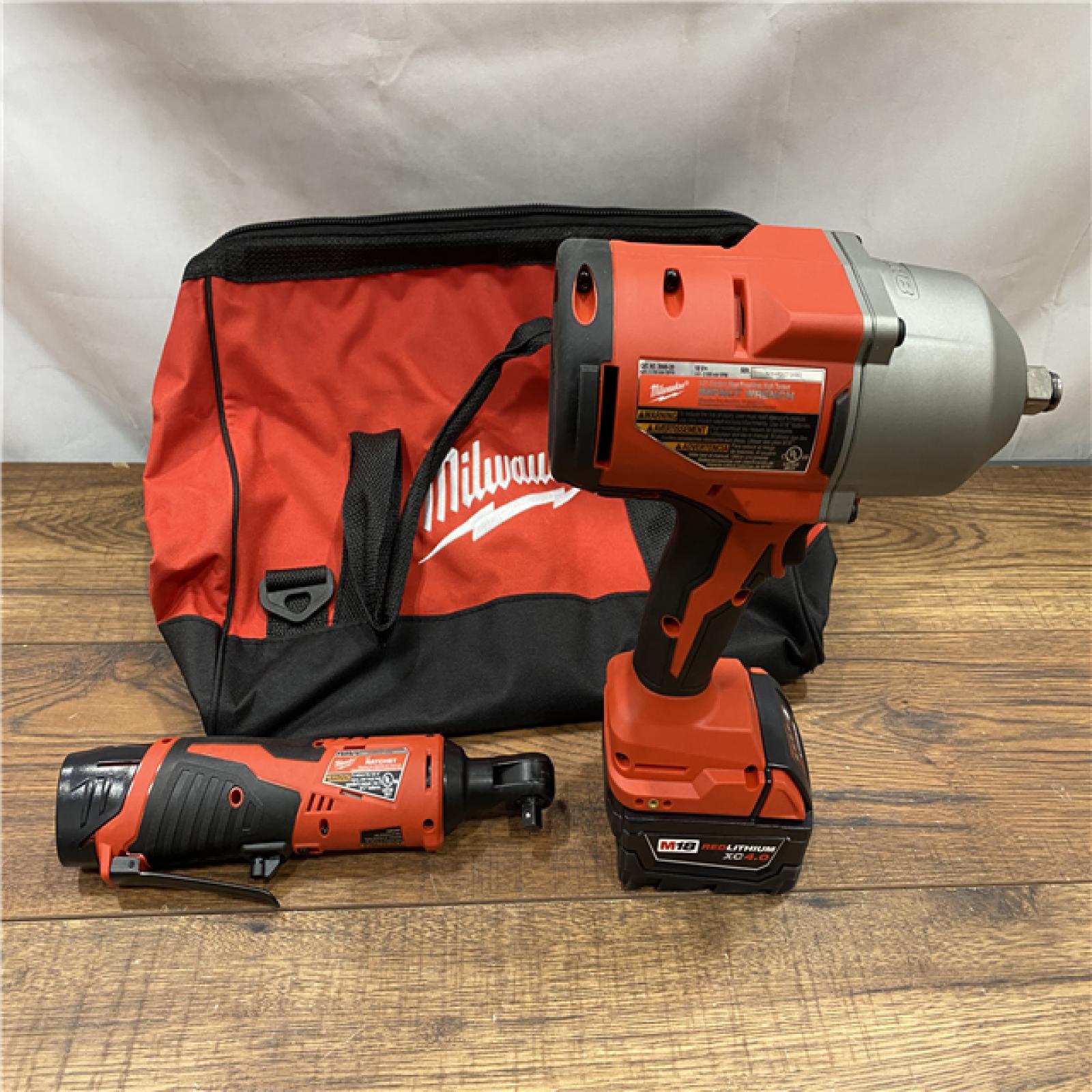 AS IS M12/M18 12/18V Lithium-Ion Cordless 3/8 in. Ratchet and 1/2 in. High Torque Impact Wrench with Friction Ring Combo Kit