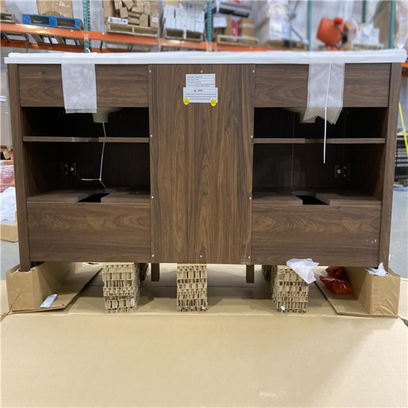 DALLAS LOCATION - Glacier Bay Rory 72 in. Double Sink Walnut Bath Vanity with White Engineered Marble Top (Assembled)