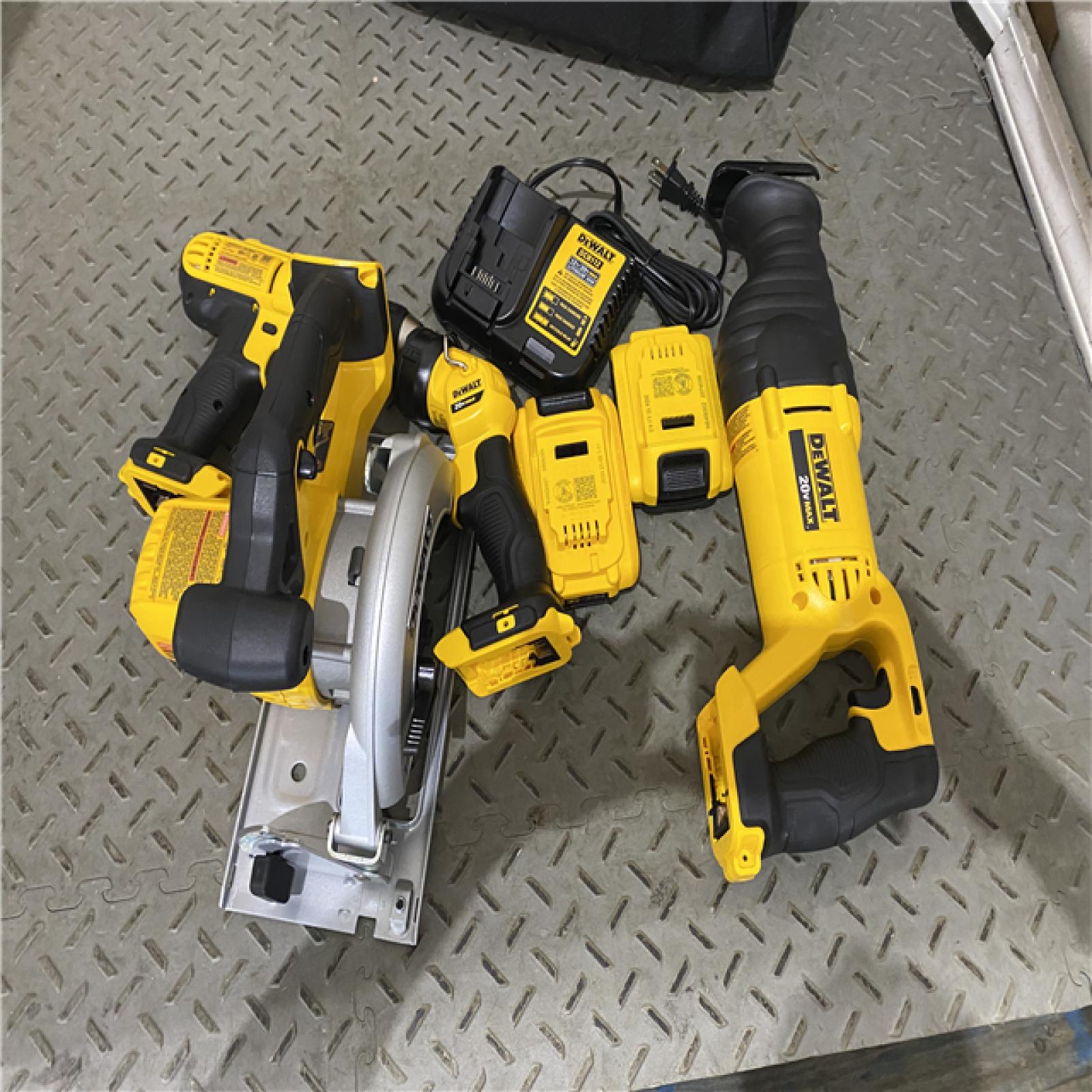 Houston location AS-IS DEWALT 20V MAX Cordless 4 Tool Combo Kit with (1) 20V 4.0Ah Battery, (1) 20V 2.0Ah Battery, and Charger