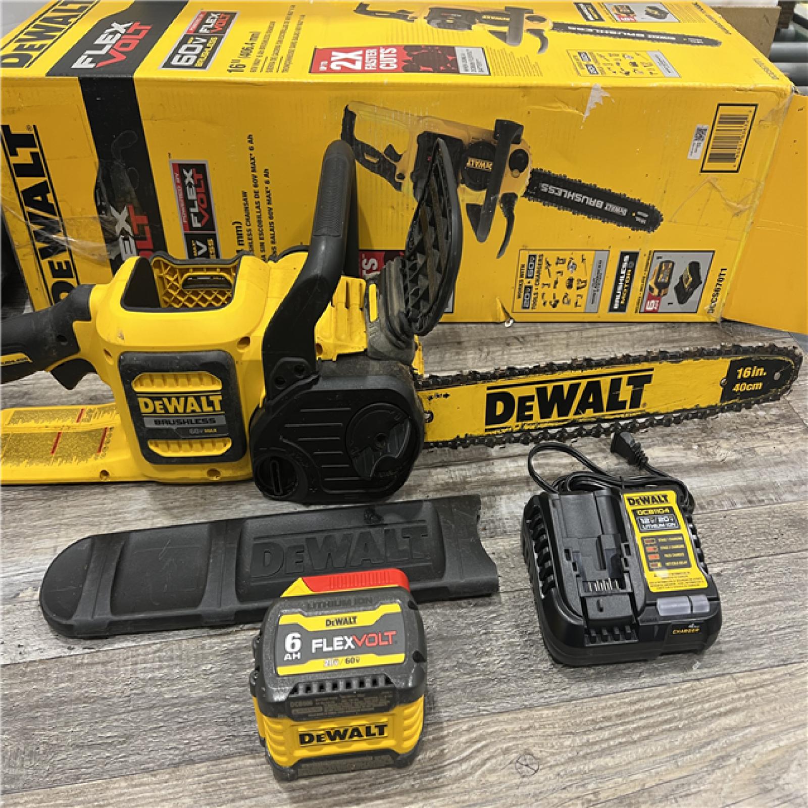 AS-IS DEWALT FLEXVOLT 60V MAX 16in. Brushless Cordless Battery Powered Chainsaw Kit with (1) FLEXVOLT 2 Ah Battery & Charger