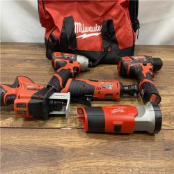 AS IS MILWAUKEE M12 12V Lithium-Ion Cordless Combo Kit (5-Tool) with Two 1.5Ah Batteries, Charger & Tool Bag