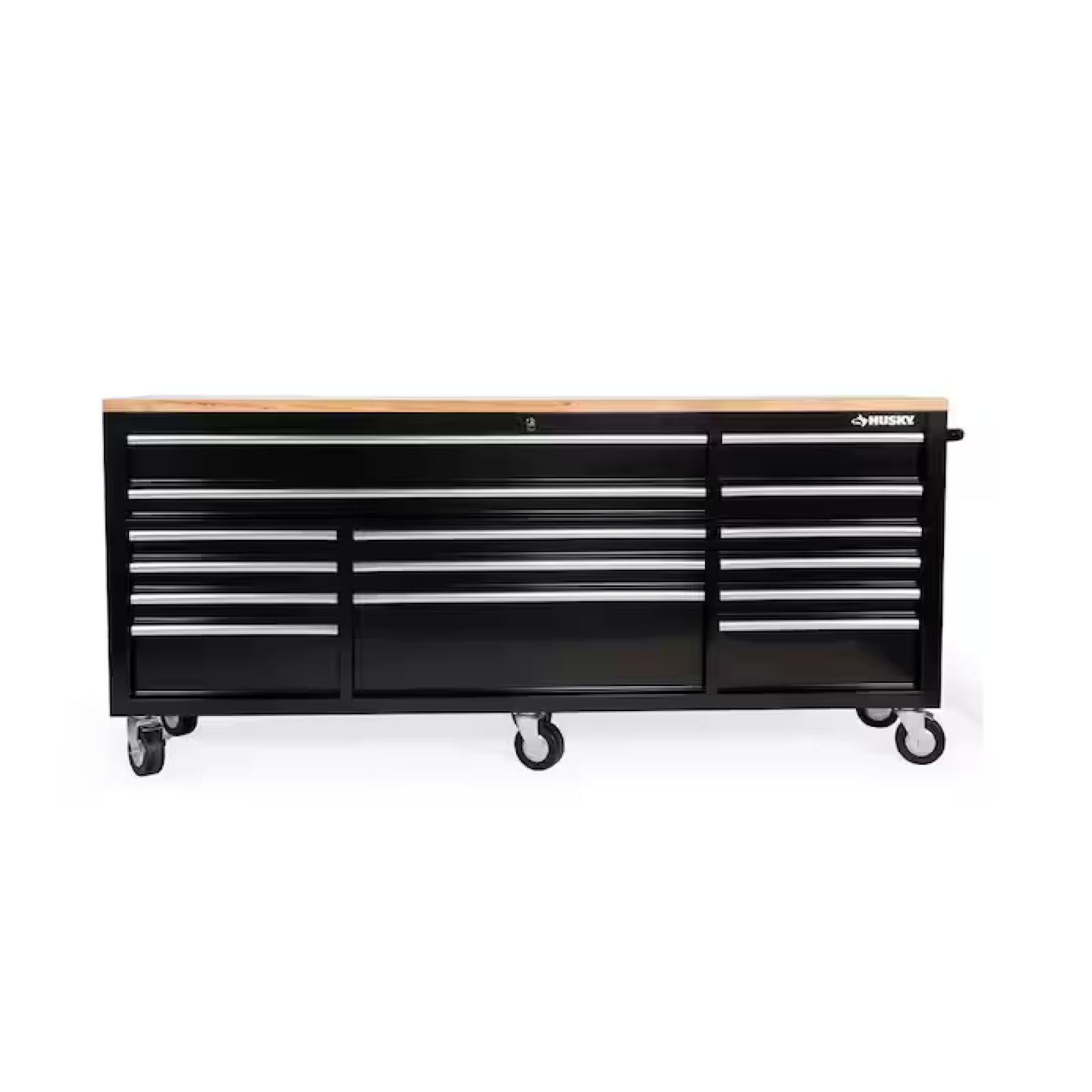 DALLAS LOCATION - Husky 84 in. W 18 in. D 15-Drawer Mobile Workbench with Wood Top in Gloss Black