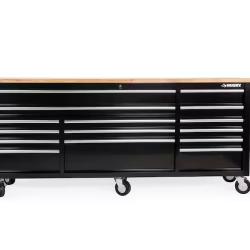 DALLAS LOCATION - Husky 84 in. W 18 in. D 15-Drawer Mobile Workbench with Wood Top in Gloss Black