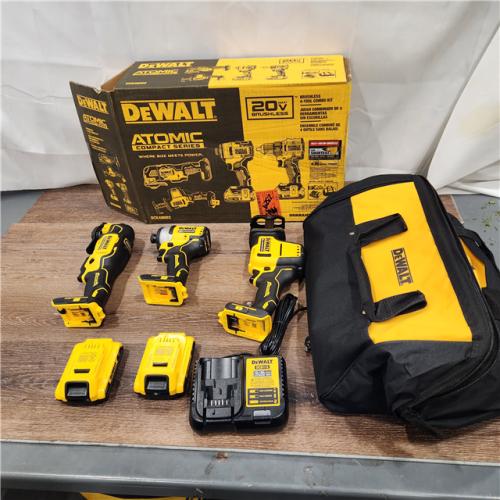 AS- IS DEWALT ATOMIC 20-Volt Lithium-Ion Cordless Brushless Combo Kit (4-Tool)  Charger and Bag battery  included