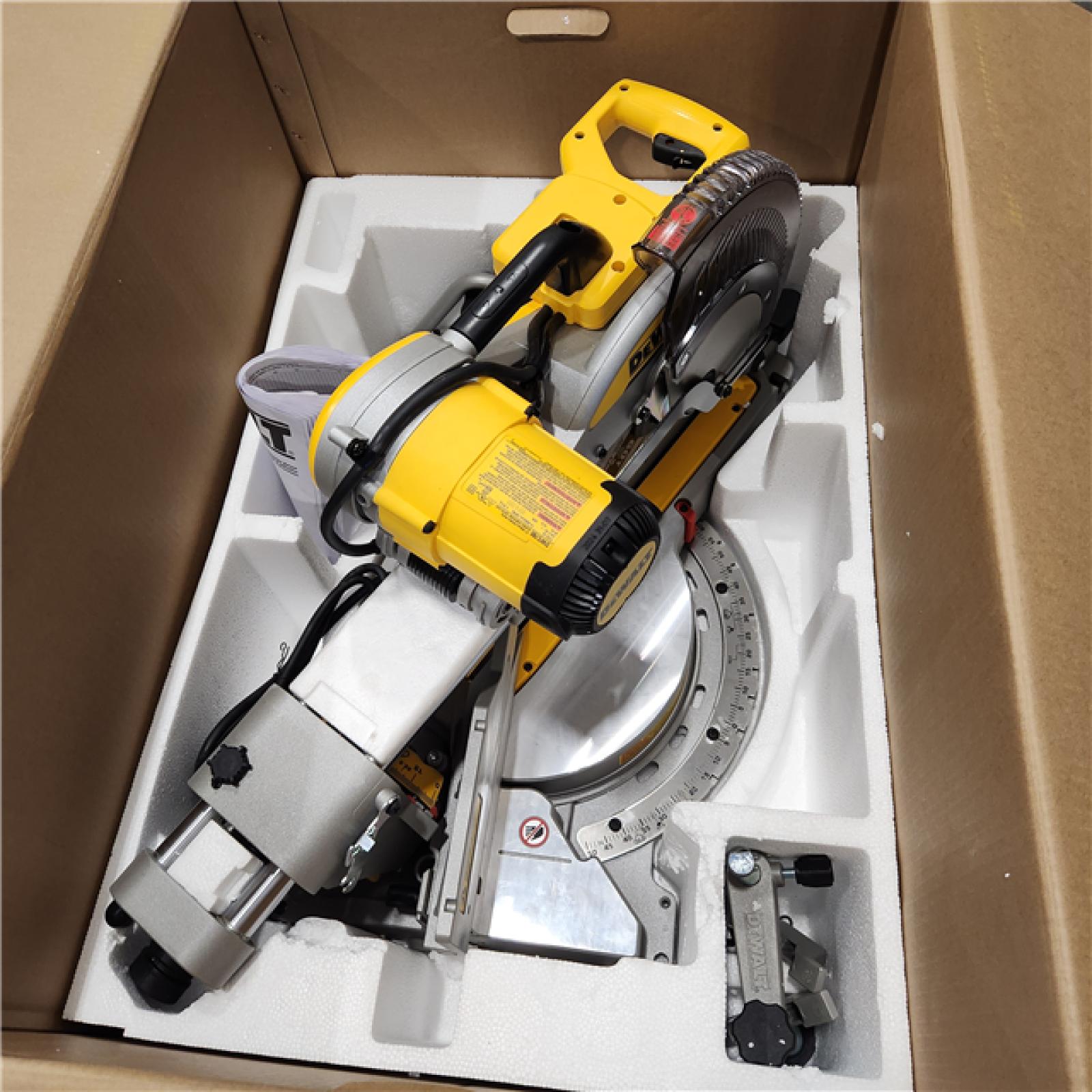 AS-IS DEWALT 15 Amp Corded 12 in. Double Bevel Sliding Compound Miter Saw with XPS Technology, Blade Wrench and Material Clamp