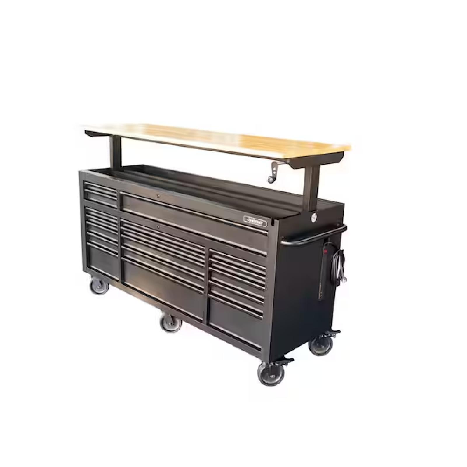 DALLAS LOCATION - Husky 72 in. W x 24 in. D Heavy Duty 18-Drawer Mobile Workbench Cabinet with Adjustable-Height Hardwood Top in Matte Black