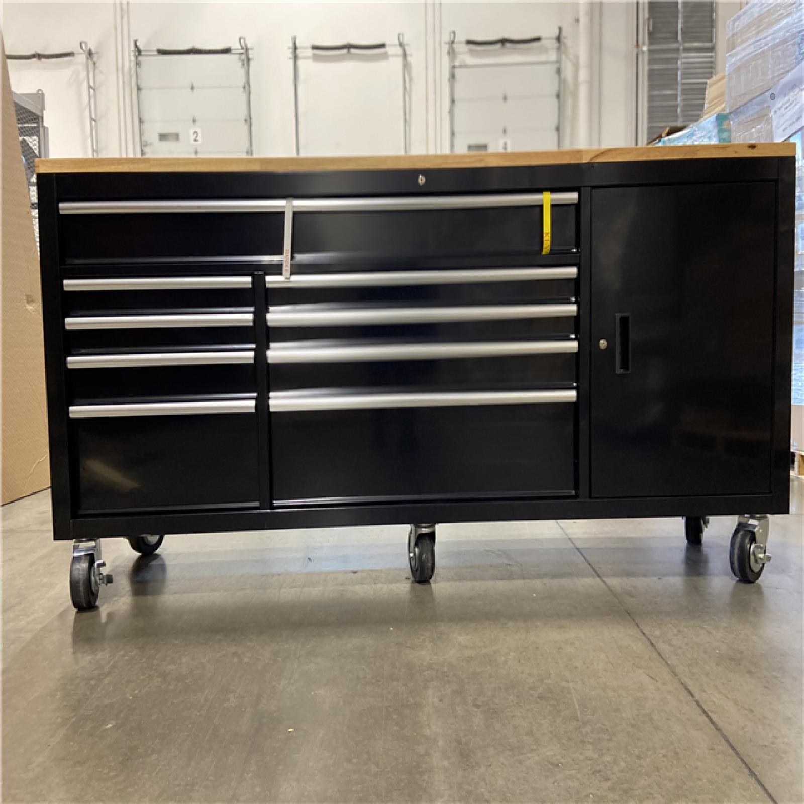 DALLAS LOCATION - Husky 84 in. W x 18 in. D 9-Drawer Mobile Workbench with Wood Top in Gloss Black