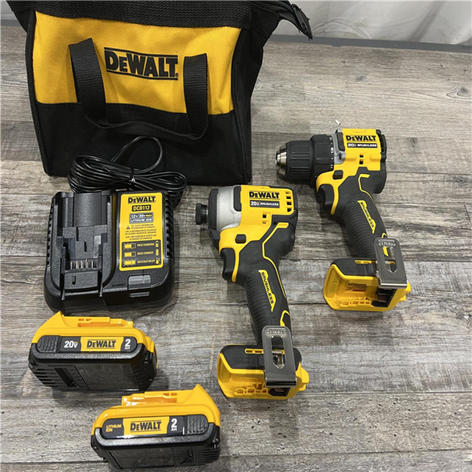 AS-IS Dewalt DCK225D2 20V MAX ATOMIC Brushless Compact Lithium-Ion 1/2 in. Cordless Drill Driver and 1/4 in. Impact Driver Combo Kit with 2 Batteries 2 Ah