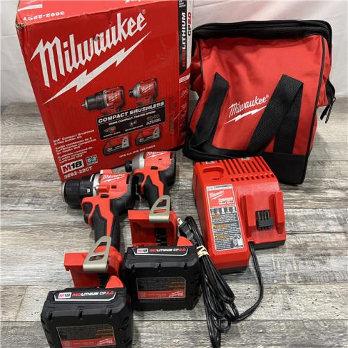 AS-IS MILWAUKEE M18 18V Lithium-Ion Brushless Cordless Compact Drill/Impact Combo Kit (2-Tool) W/(2) 2.0 Ah Batteries, Charger & Bag