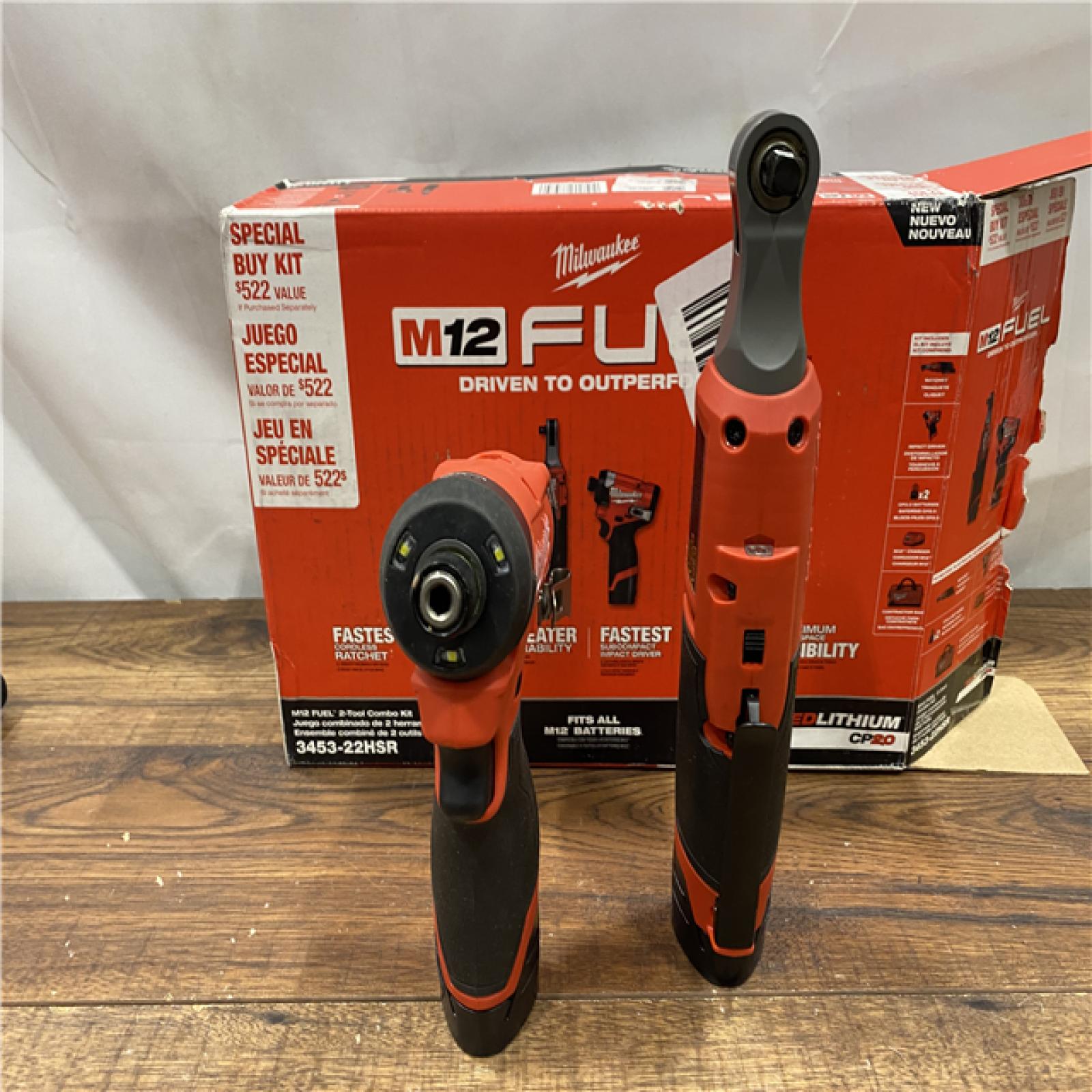 AS IS Milwaukee 3453-22HSR M12 FUEL 12V Lithium-Ion Cordless 3/8 in. Ratchet and 1/4 in. Impact Driver Kit