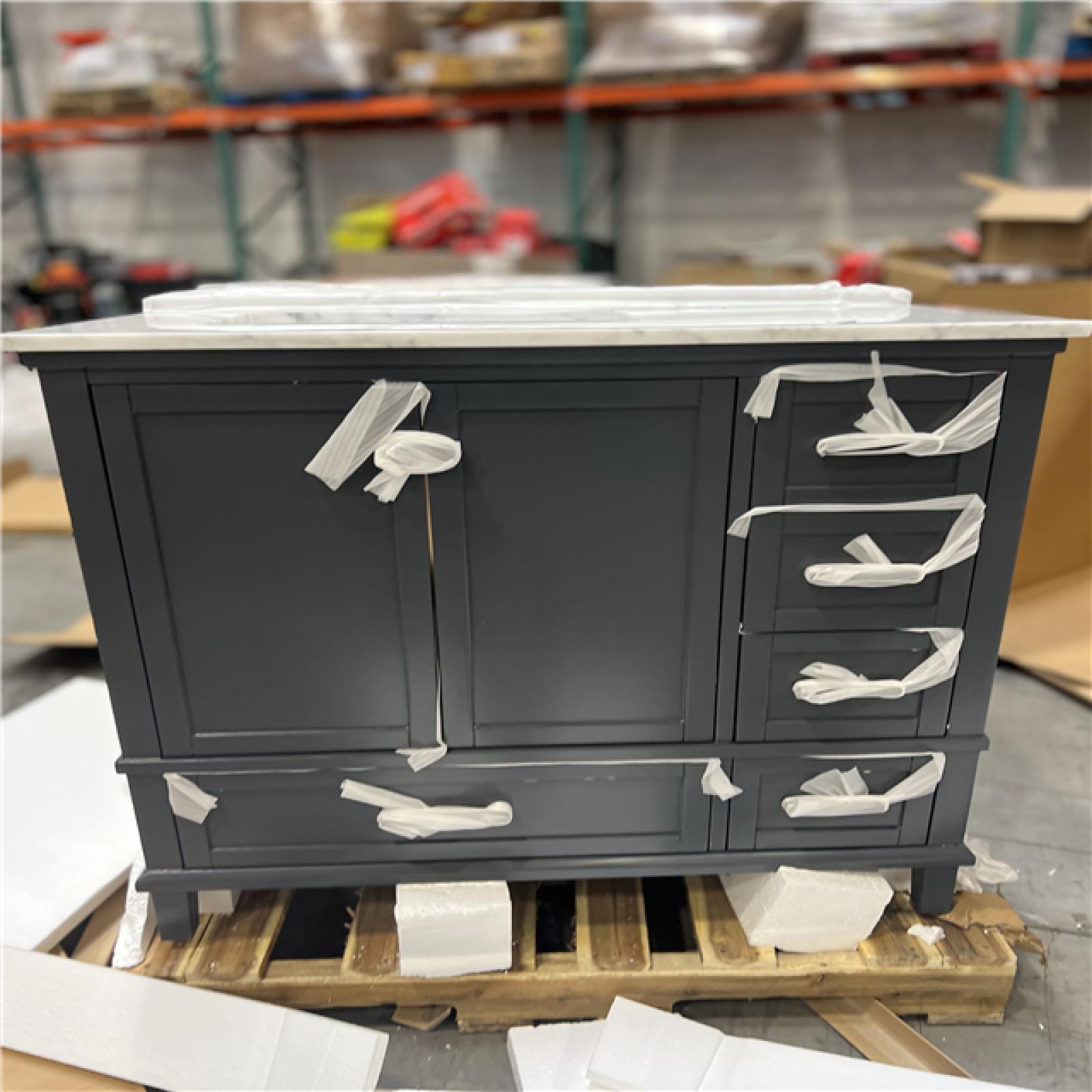 DALLAS LOCATION - Home Decorators Collection Merryfield 37 in. Single Sink Freestanding Dark Blue-Grey Bath Vanity with White Carrara