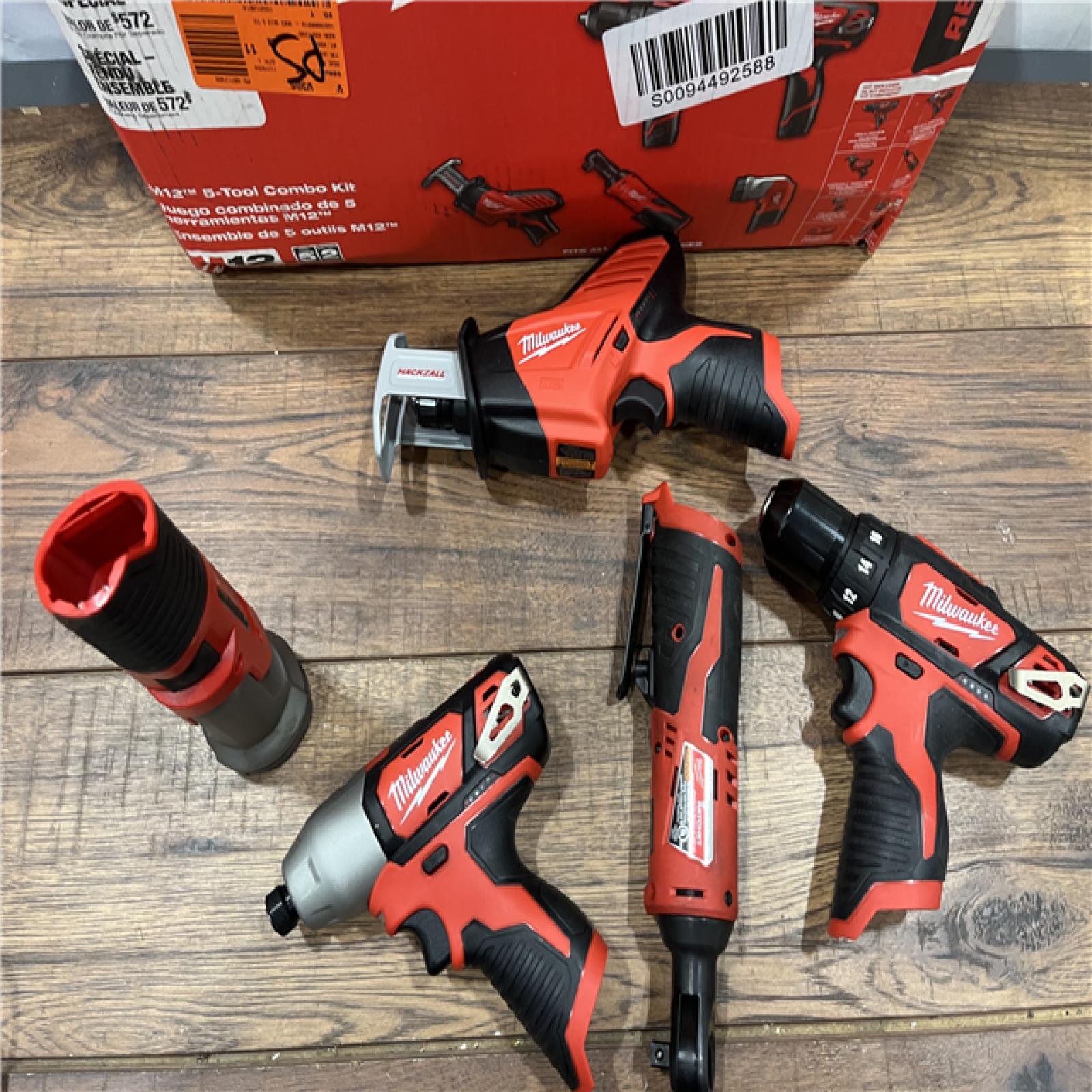 AS-IS MILWAUKEE M12 12V Lithium-Ion Cordless Combo Kit (5-Tool) with Two 1.5Ah Batteries, Charger & Tool Bag