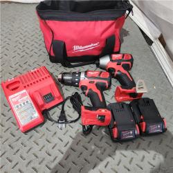 Houston location AS-IS MILWAUKEE M18 18V Lithium-Ion Cordless Drill Driver/Impact Driver Combo Kit (2-Tool) W/ Two 1.5Ah Batteries, Charger Tool Bag