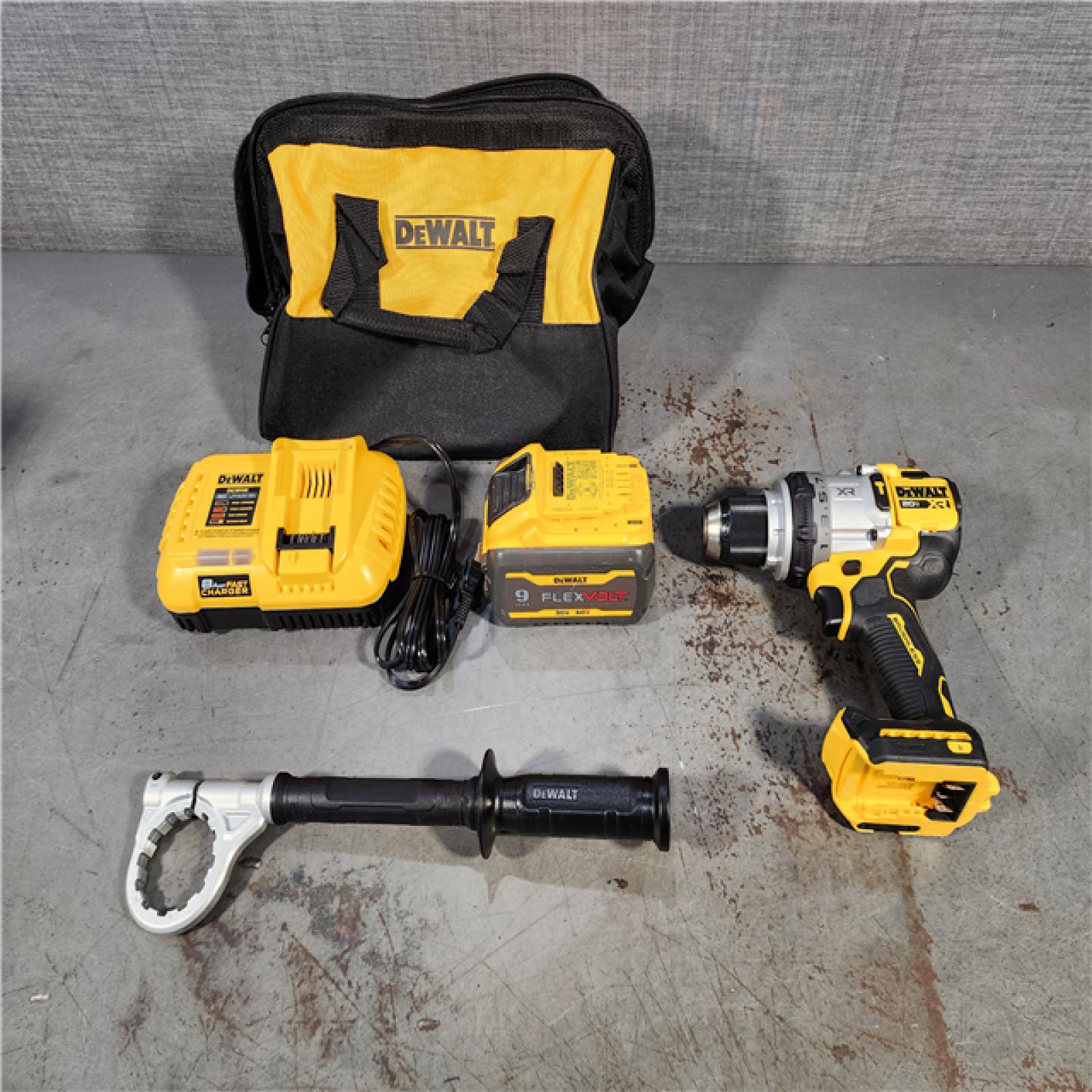 HOUSTON LOCATION - AS-IS (APPEARS LIKE NEW) DEWALT 20V XR Lithium-Ion Cordless Hammer Drill Kit with FLEXVOLT 9.0 Ah Battery, Charger and Kit Bag