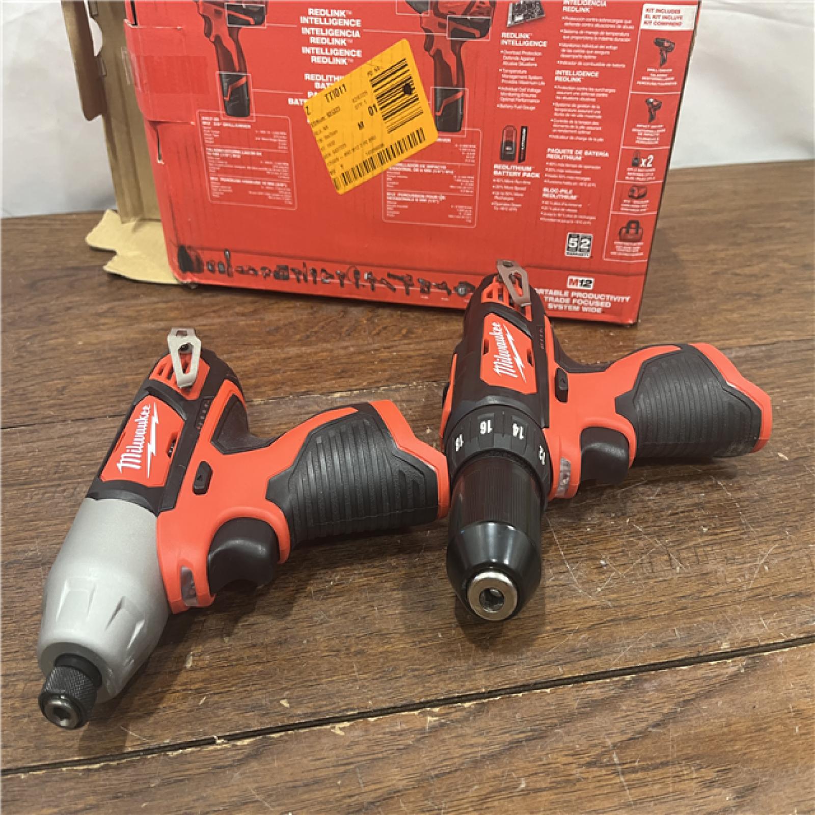 AS-ISMilwaukee 2494-22 M12 Cordless Combination 3/8  Drill / Driver and 1/4  Hex Impact Driver Dual Power Tool Kit (2 Lithium Ion Batteries  Charger  and B