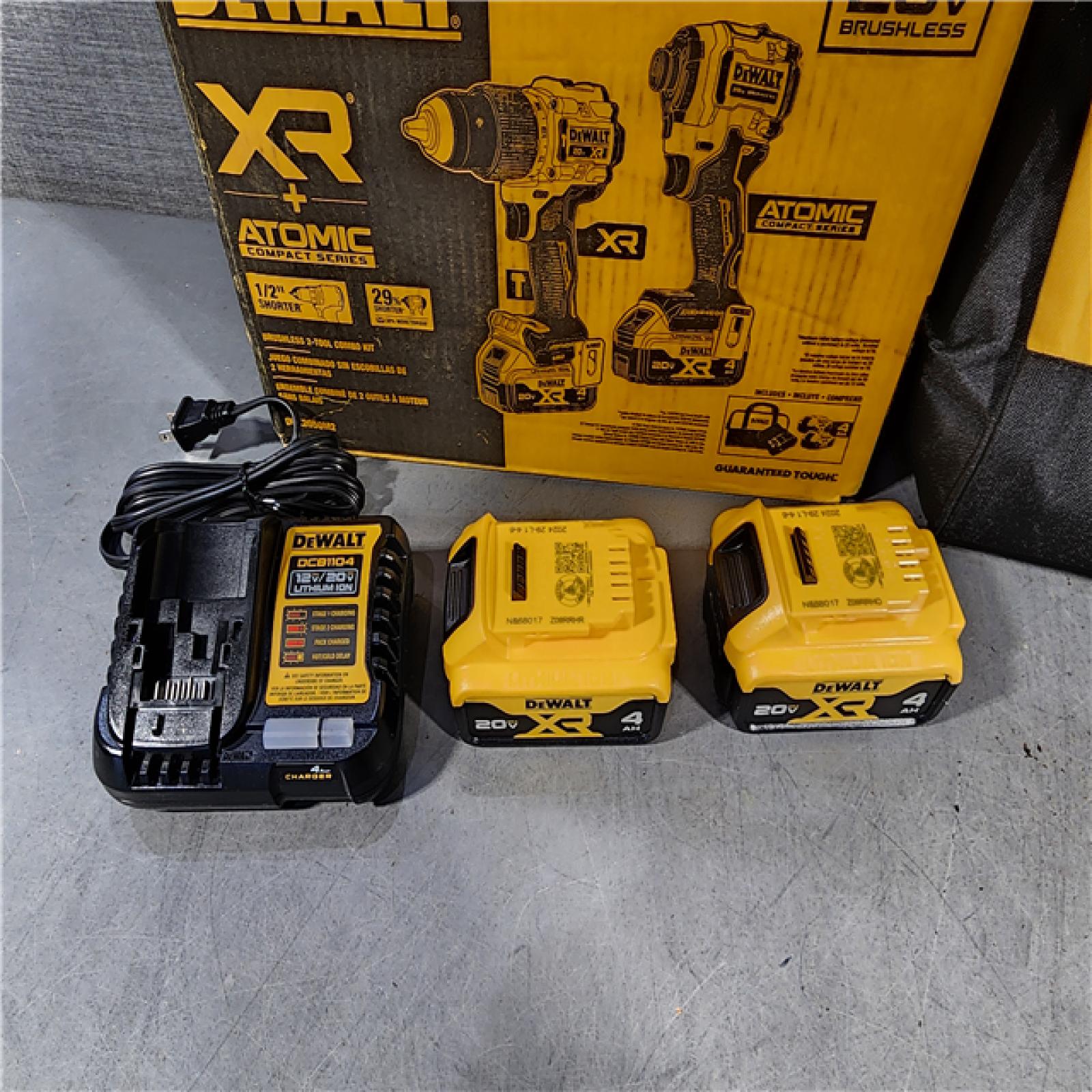 HOUSTON LOCATION - AS-IS DEWALT 20V MAX XR Hammer Drill and ATOMIC Impact Driver 2 Tool Cordless Combo Kit with (2) 4.0Ah Batteries, Charger, and Bag