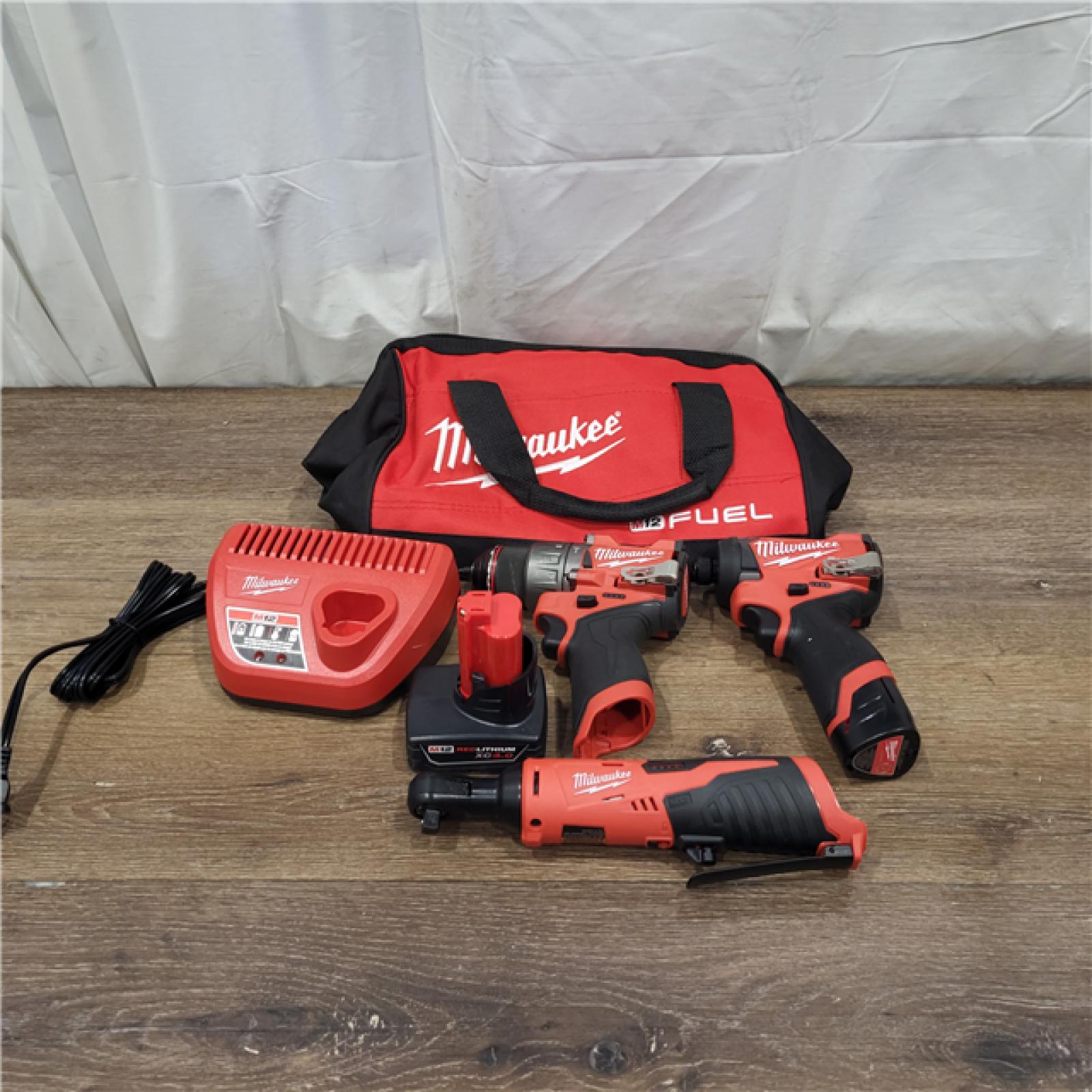 AS-IS Milwaukee M12 FUEL 12-Volt Li-Ion Brushless Cordless Hammer Drill and Impact Driver Combo Kit (2-Tool) with M12 3/8 in. Ratche