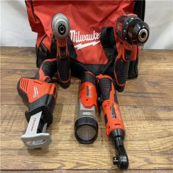 AS IS MILWAUKEE M12 12V Lithium-Ion Cordless Combo Kit (5-Tool) with Two 1.5Ah Batteries, Charger & Tool Bag