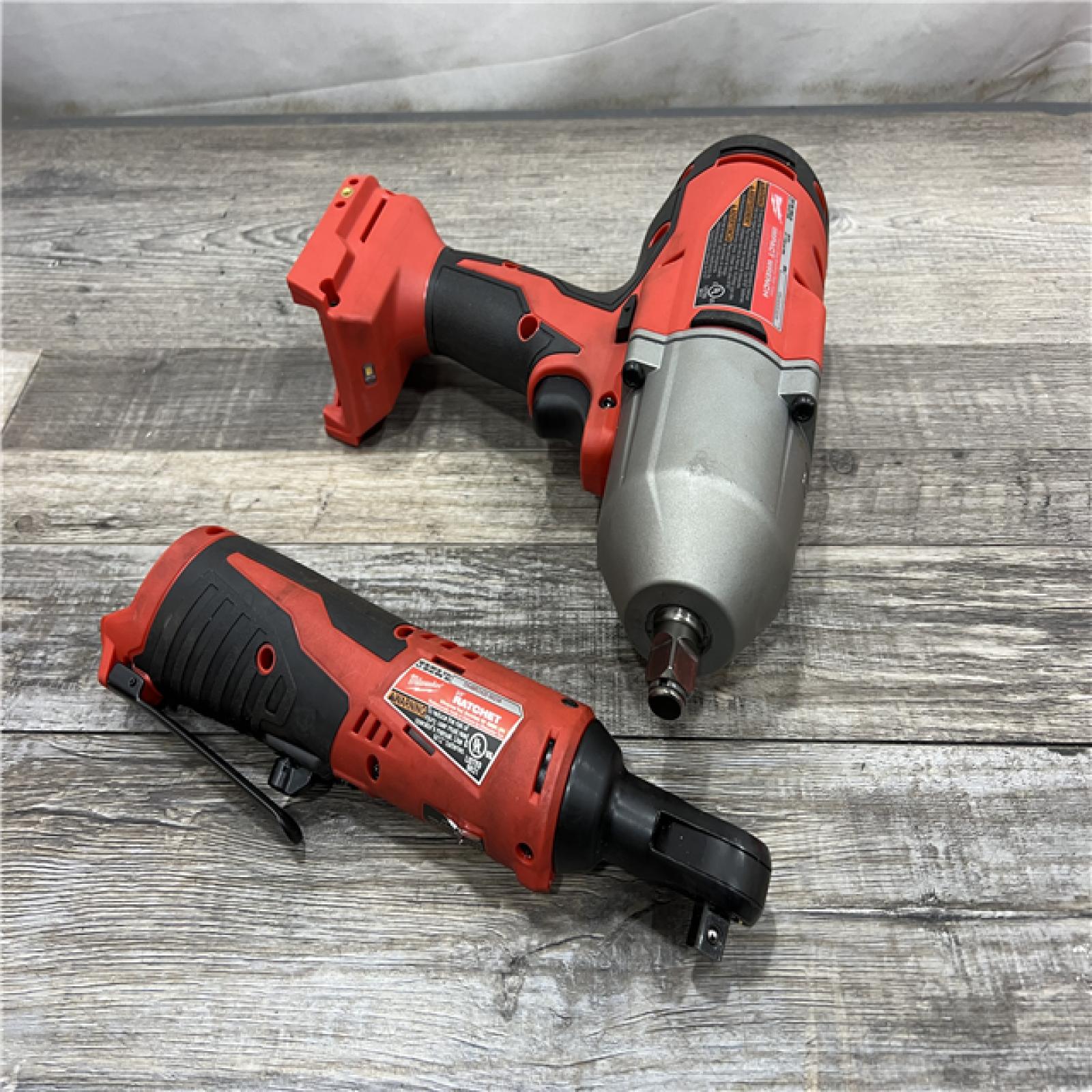 AS-IS MILWAUKEE  12/18V Lithium-Ion Cordless 3/8 in. Ratchet and 1/2 in. High Torque Impact Wrench with Friction Ring Combo Kit