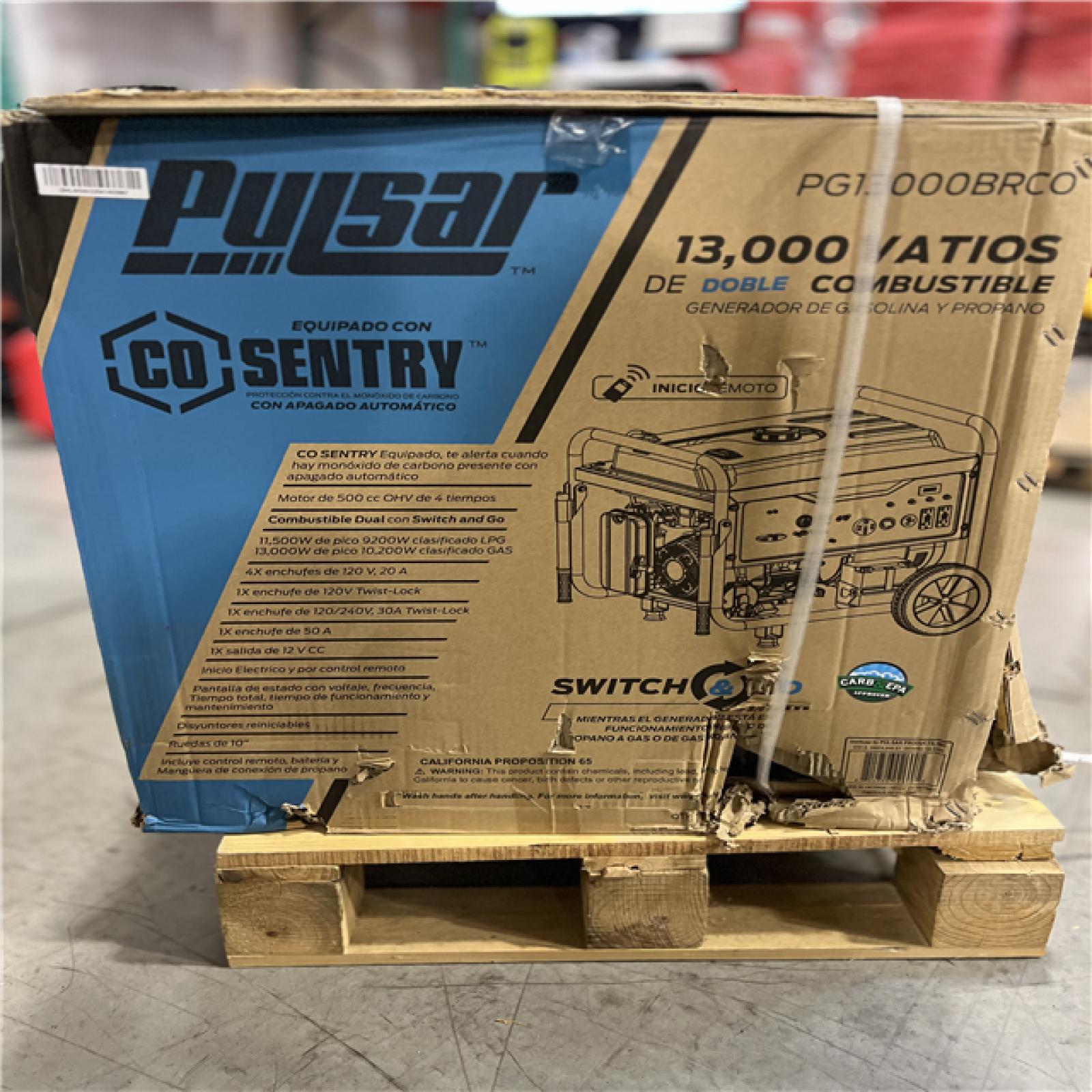 DALLAS LOCATION - Pulsar 13,000 -Watt Dual-Fuel Gasoline and Propane with Push to Start Portable Home Power Generator, CO Shutoff