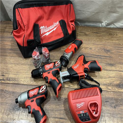 AS-IS MILWAUKEE M12 12V Lithium-Ion Cordless Combo Kit (5-Tool) with Two 1.5Ah Batteries, Charger & Tool Bag