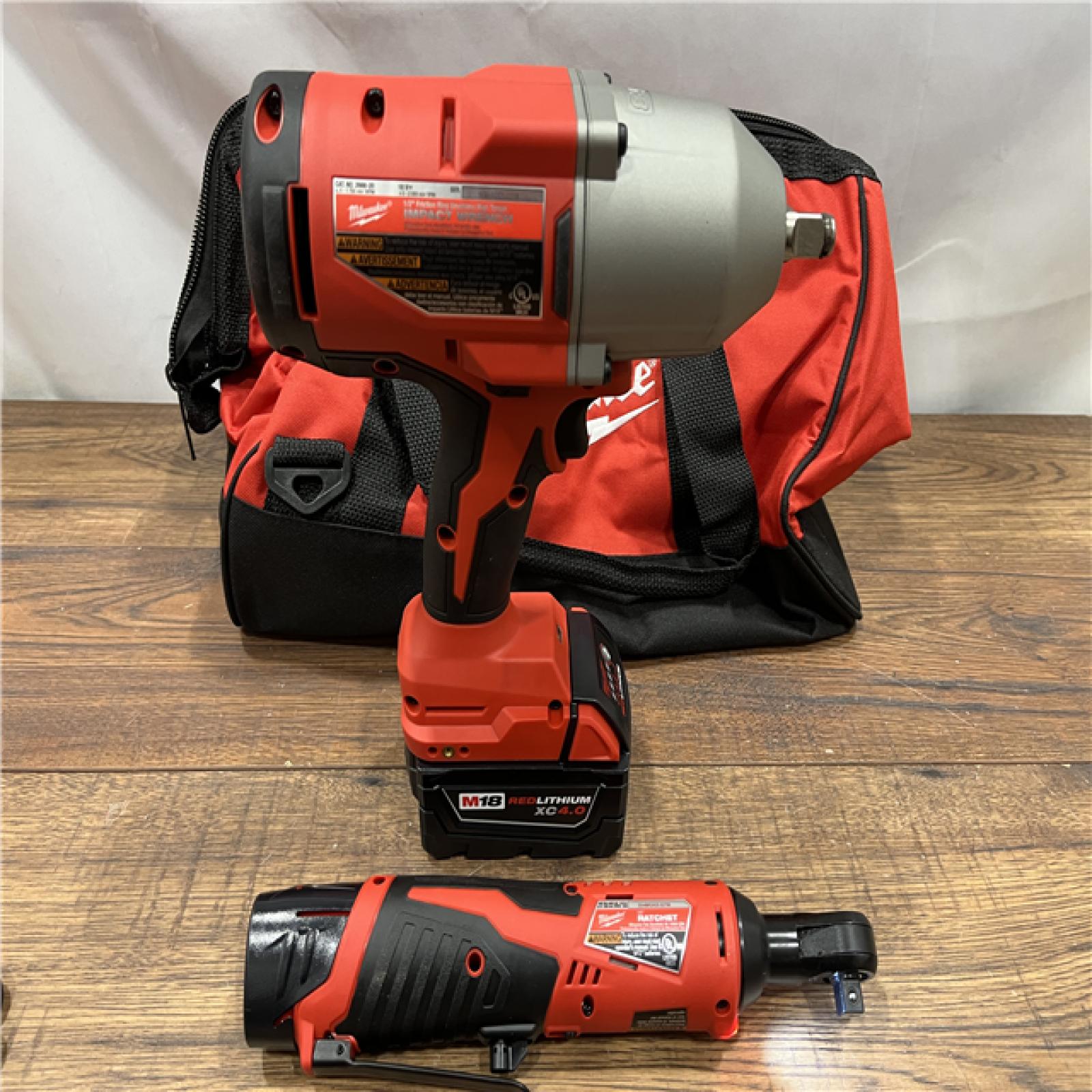 AS IS M12/M18 12/18V Lithium-Ion Cordless 3/8 in. Ratchet and 1/2 in. High Torque Impact Wrench with Friction Ring Combo Kit