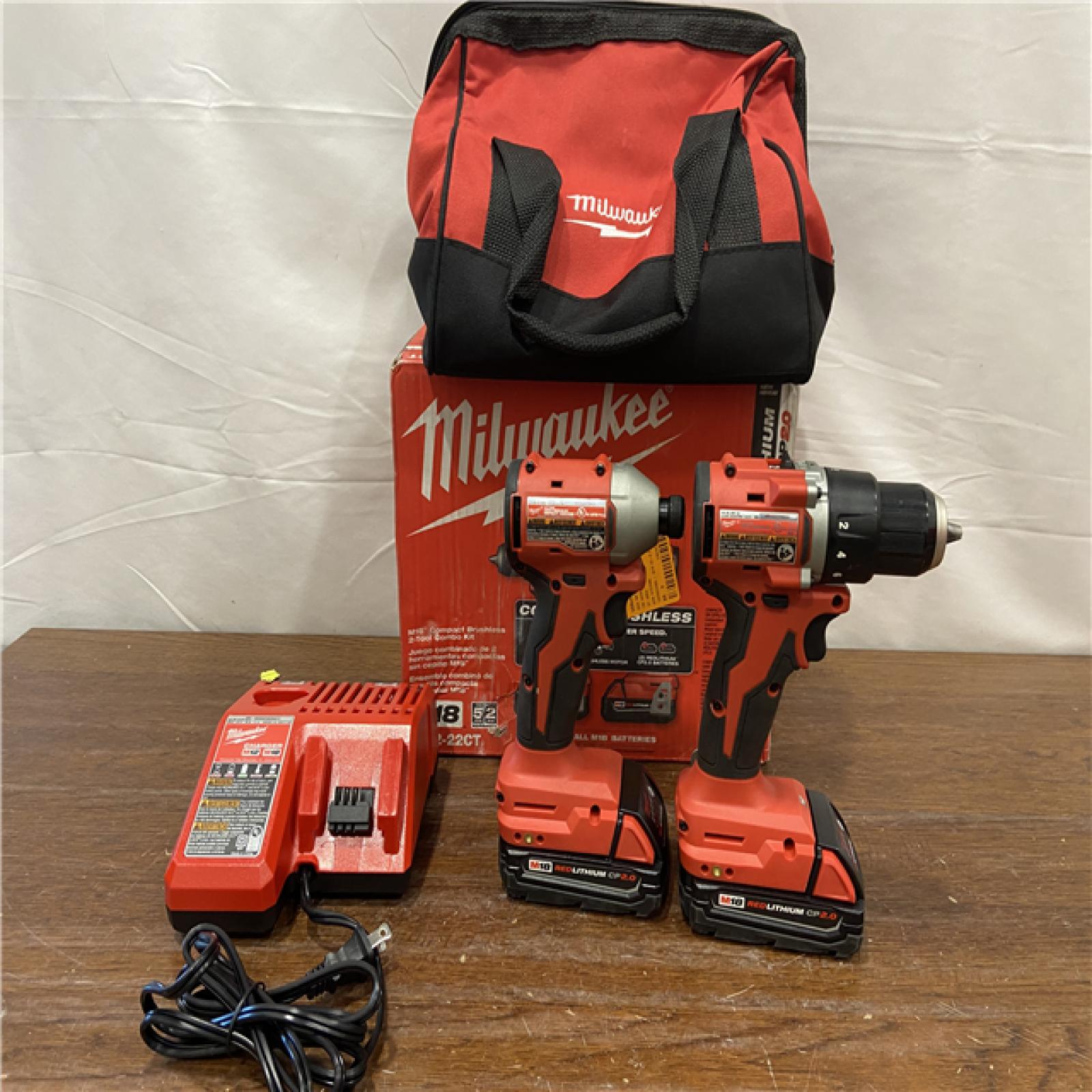 AS-IS Milwaukee18V Lithium-Ion Brushless Cordless Compact Drill/Impact Combo Kit (2-Tool) W/(2) 2.0 Ah Batteries, Charger & Bag