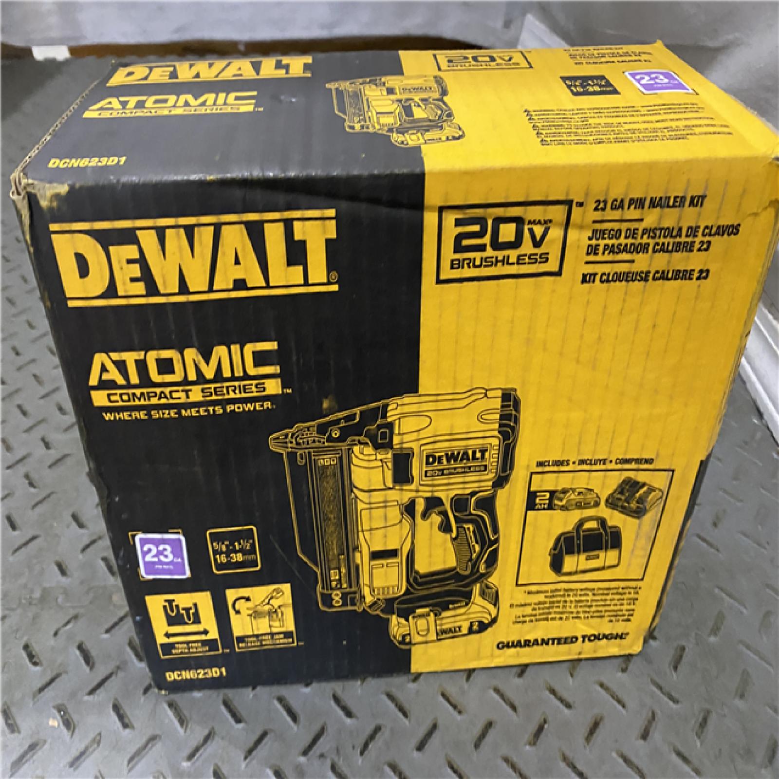 Houston location AS-IS DEWALT ATOMIC 20V MAX Lithium Ion Cordless 23 Gauge Pin Nailer Kit with 2.0Ah Battery and Charger