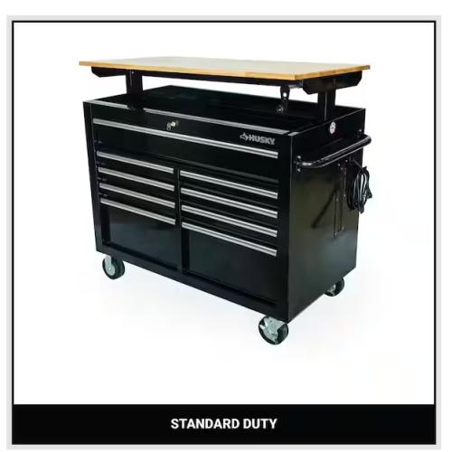 DALLAS LOCATION - Husky 46 in. x 25 in. D 9-Drawer Mobile Workbench with Adjustable Height Wood Top in Gloss Black