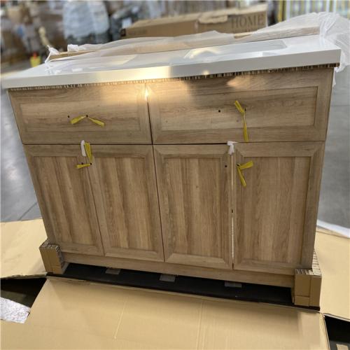 DALLAS LOCATION -  Home Decorators Collection Charbury 60 in. W x 22 in. D x 34 in. H Double Sink Freestanding Vanity in Light Oak w/ White Engineered Stone Top