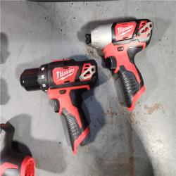 HOUSTON LOCATION - AS-IS (APPEARS LIKE NEW) MILWAUKEE M12 12V Lithium-Ion Cordless Combo Kit (5-Tool) with Two 1.5Ah Batteries, Charger & Tool Bag