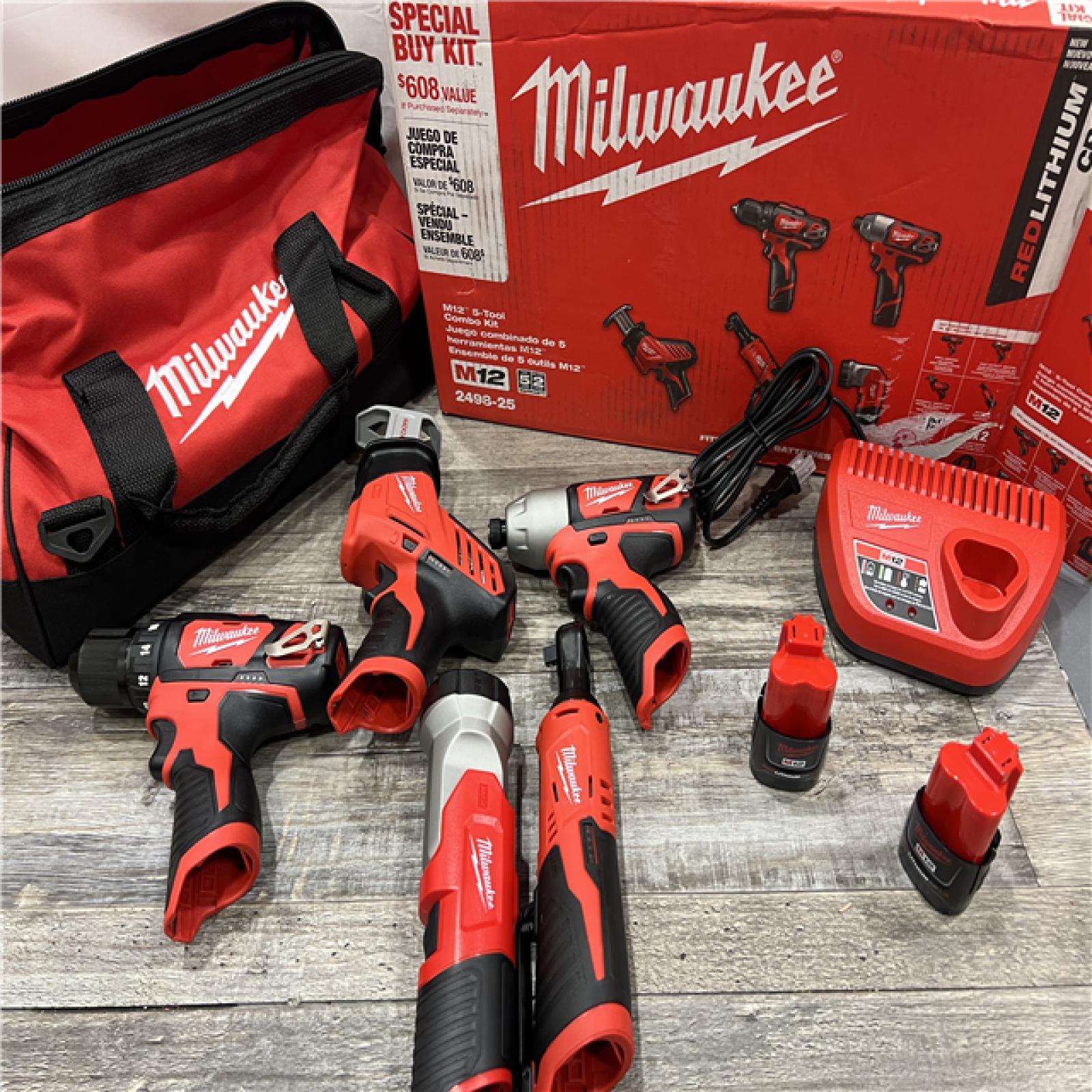 AS-IS MILWAUKEE M12 12V Lithium-Ion Cordless Combo Kit (5-Tool) with Two 1.5Ah Batteries, Charger & Tool Bag