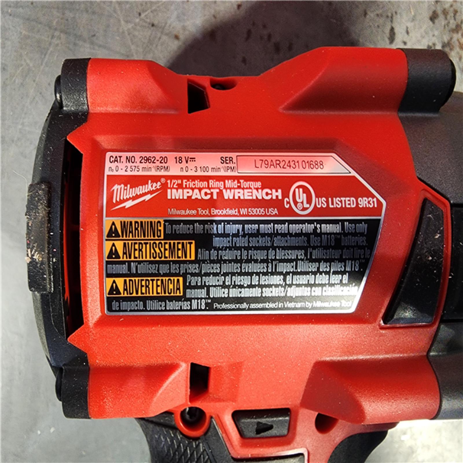 HOUSTON LOCATION - AS-IS (APPEARS LIKE NEW) Milwaukee M18 18V Fuel 1/2  Mid-Torque Impact Wrench Cordless Lithium-Ion Brushless with Friction Ring 2962-20