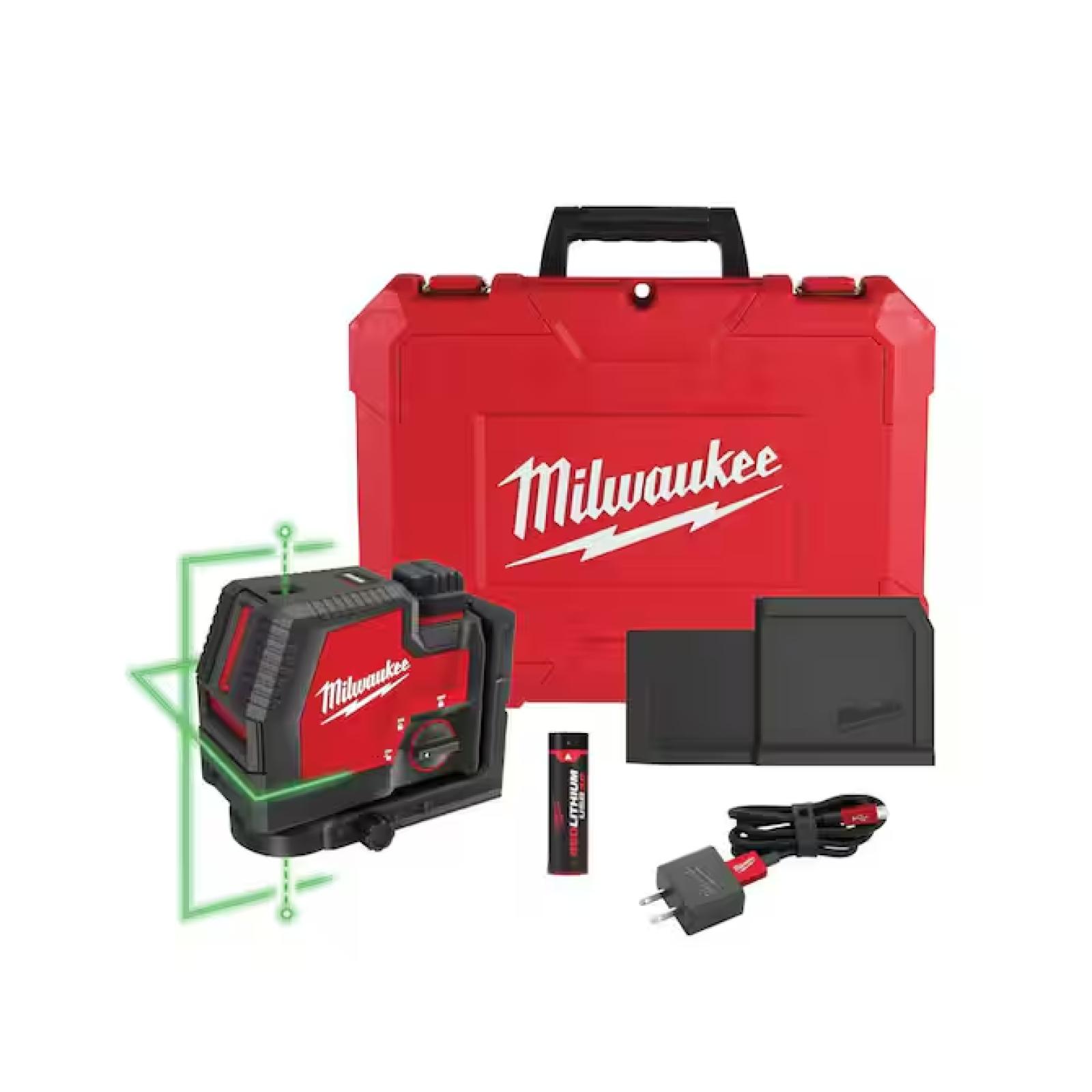 NEW! - Milwaukee Green 100 ft. Cross Line and Plumb Points Rechargeable Laser Level with REDLITHIUM Lithium-Ion USB Battery and Charger