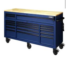 DALLAS LOCATION- NEW! Husky Tool Storage 72 in. W Heavy Duty Matte Blue Mobile Workbench Cabinet Adjustable Height Solid Wood Top