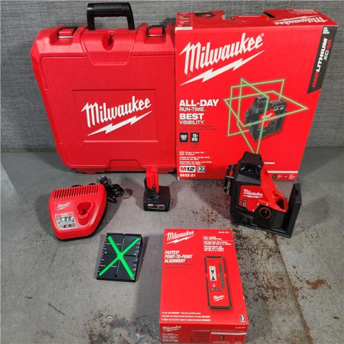 HOUSTON LOCATION - AS-IS (BRAND NEW) Milwaukee-3632-21 M12 Green Beam Laser 360Â° 3-Plane Kit W/ 165' LASER LINE DETECTOR