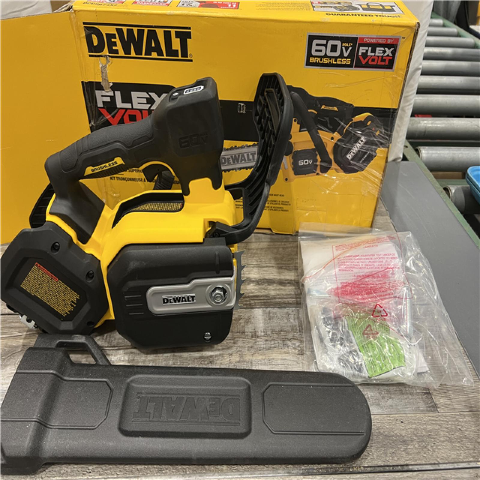 AS-IS DEWALT FLEXVOLT 60V MAX 14 in. Cordless Battery Powered Top Handle Chainsaw Kit with (2) FLEXVOLT 3 Ah Batteries & Charger