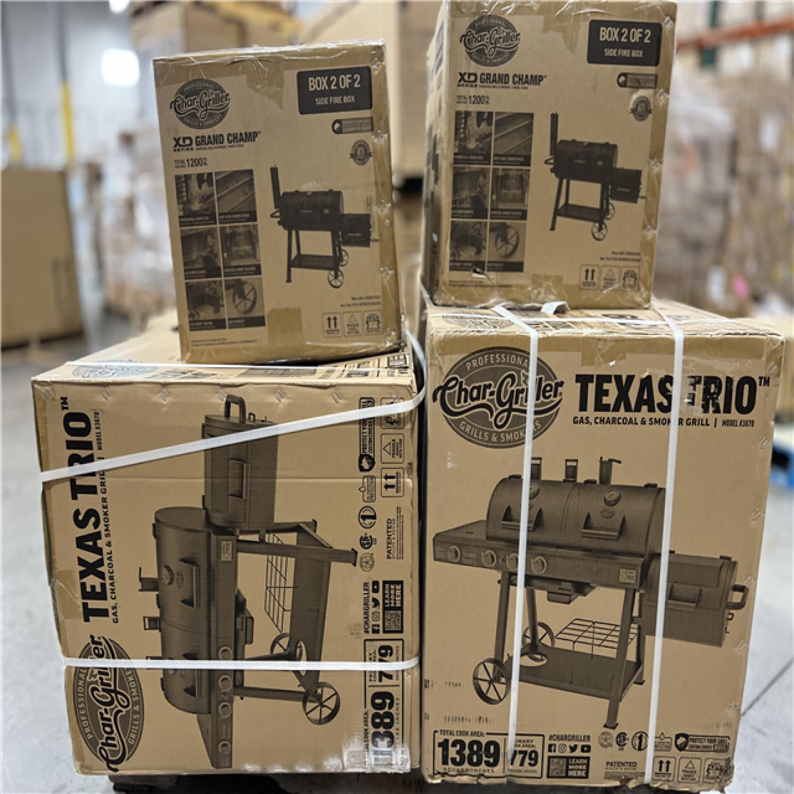 DALLAS LOCATION - Char-Griller Texas Trio 4-Burner Dual Fuel Grill with Smoker in Black PALLET -(2 UNITS)