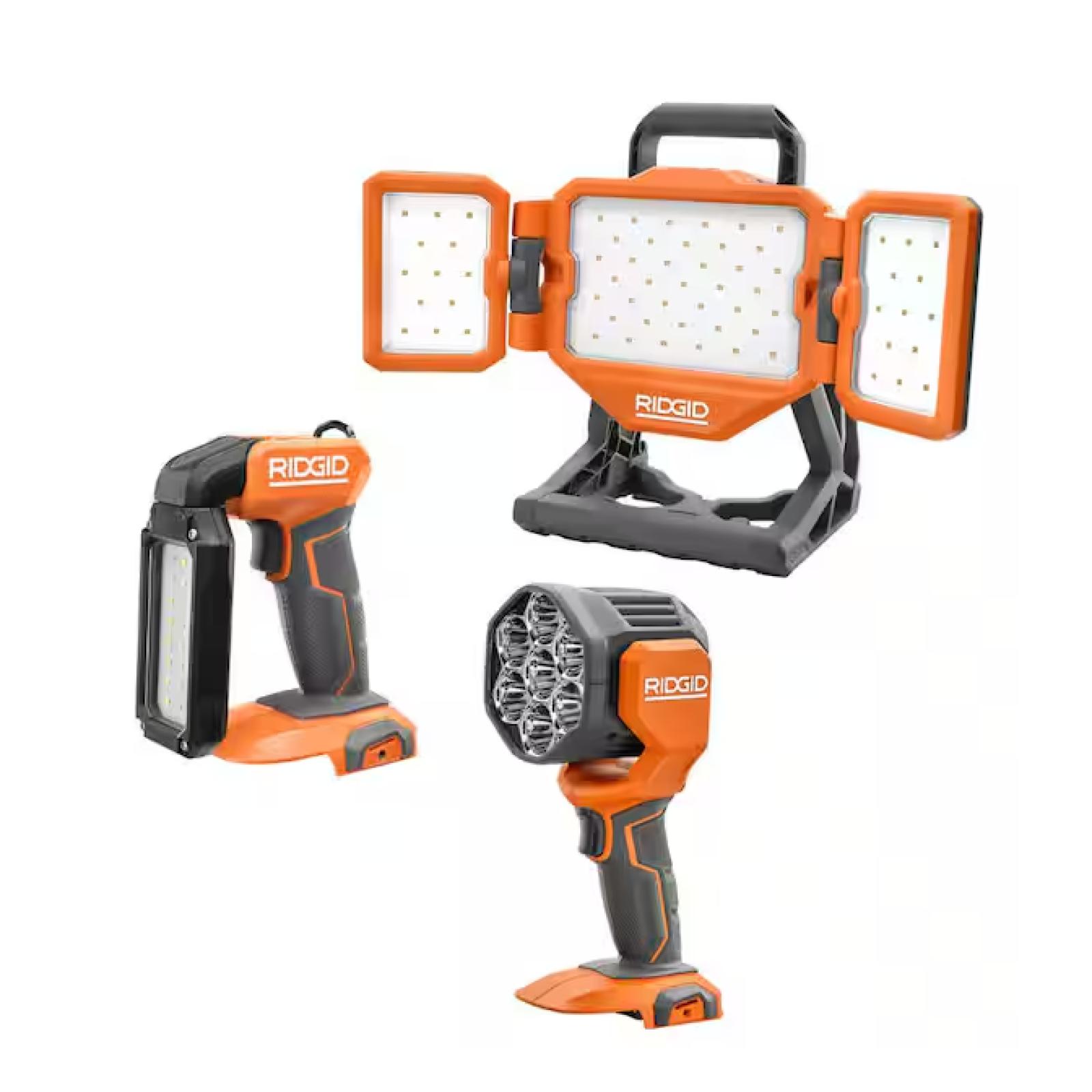 NEW! - RIDGID 18V Cordless 3-Tool Combo Kit with LED Stick Light, LED Spotlight, and LED Hybrid Panel Light (Tools Only)