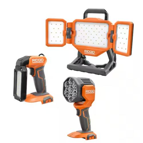 NEW! - RIDGID 18V Cordless 3-Tool Combo Kit with LED Stick Light, LED Spotlight, and LED Hybrid Panel Light (Tools Only)