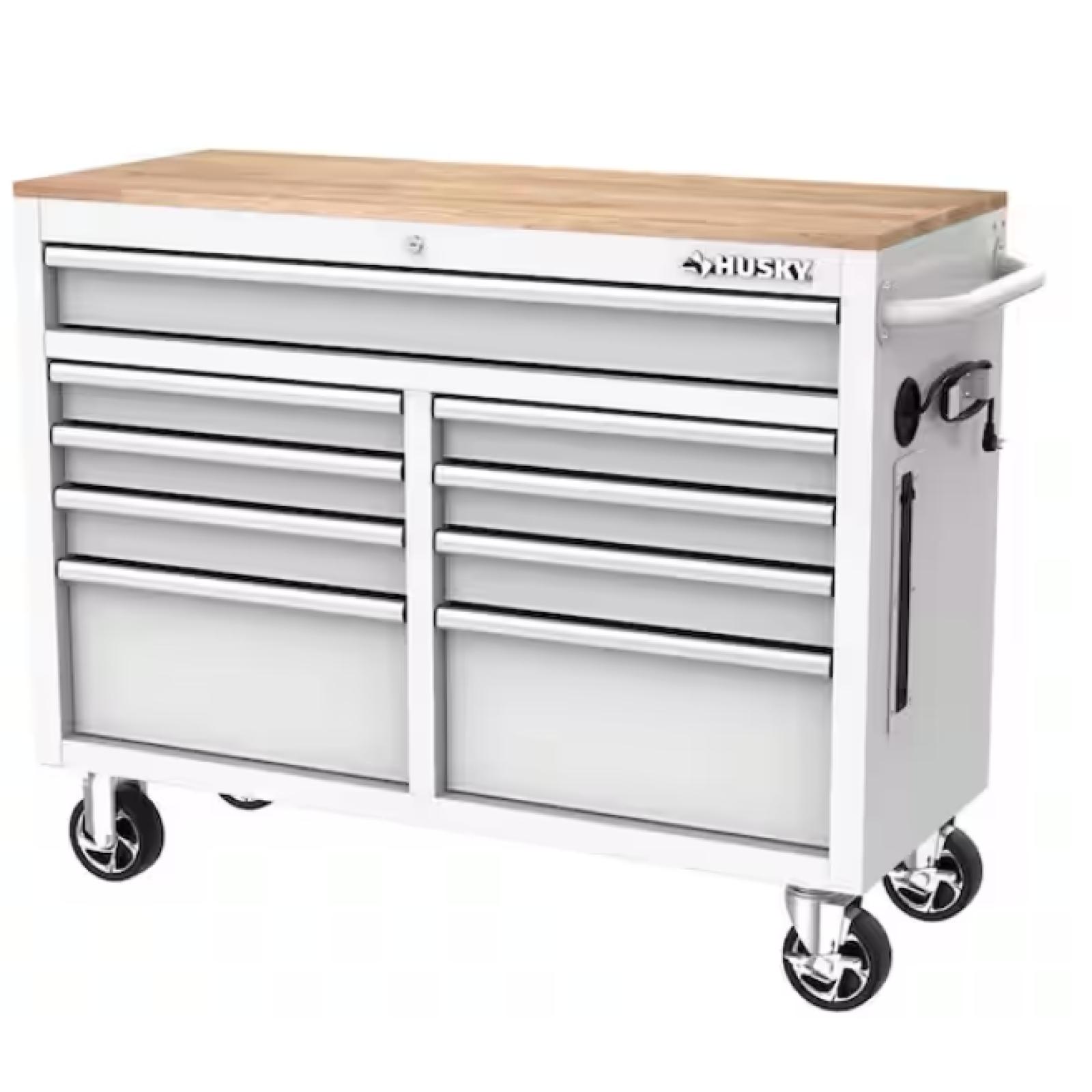 DALLAS LOCATION - NEW! Husky Tool Storage 46 in. W x 18 in. D 9-Drawer Gloss White Mobile Workbench Cabinet