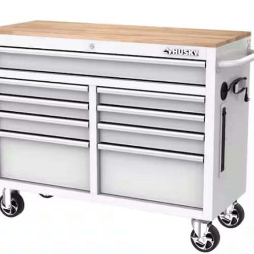 DALLAS LOCATION - NEW! Husky Tool Storage 46 in. W x 18 in. D 9-Drawer Gloss White Mobile Workbench Cabinet