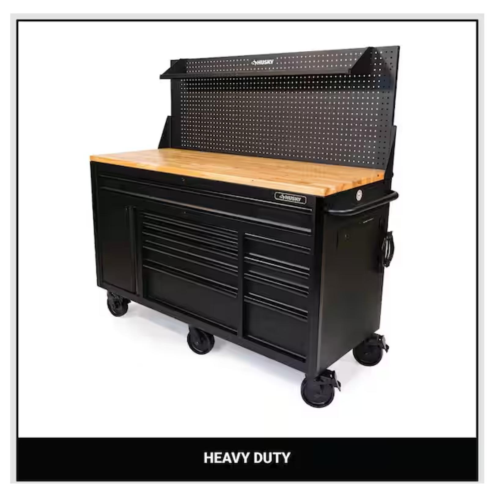 DALLAS LOCATION - Husky 61 in. W x 26 in. D Heavy Duty 10-Drawer 1-Door Mobile Workbench with Hardwood Top, Pegboard and Shelf in Matte Black