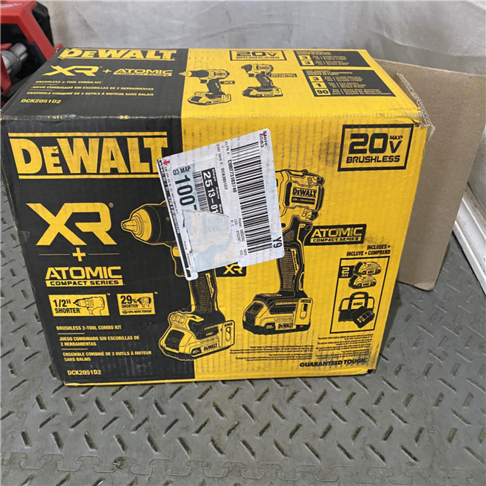 Houston location AS-IS DEWALT 20V MAX XR Cordless Drill/Driver, ATOMIC Impact Driver 2 Tool Combo Kit, (2) 2.0Ah Batteries, Charger, and Bag