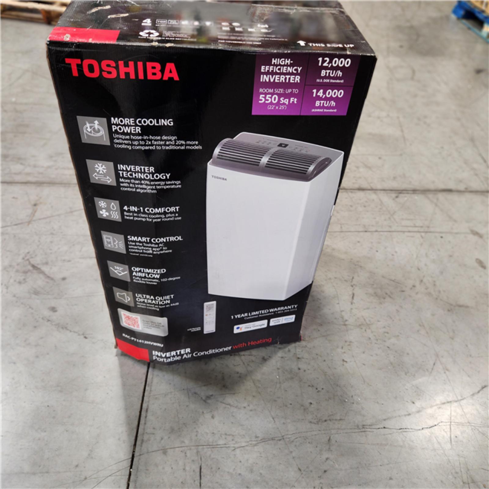 DALLAS LOCATION - NEW! - Toshiba 14,000 BTU (12,000 BTU DOE) 115-Volt Inverter Wi-Fi Quiet 47 dB Portable Air Conditioner w/ Heat up to 550 sq. ft. White