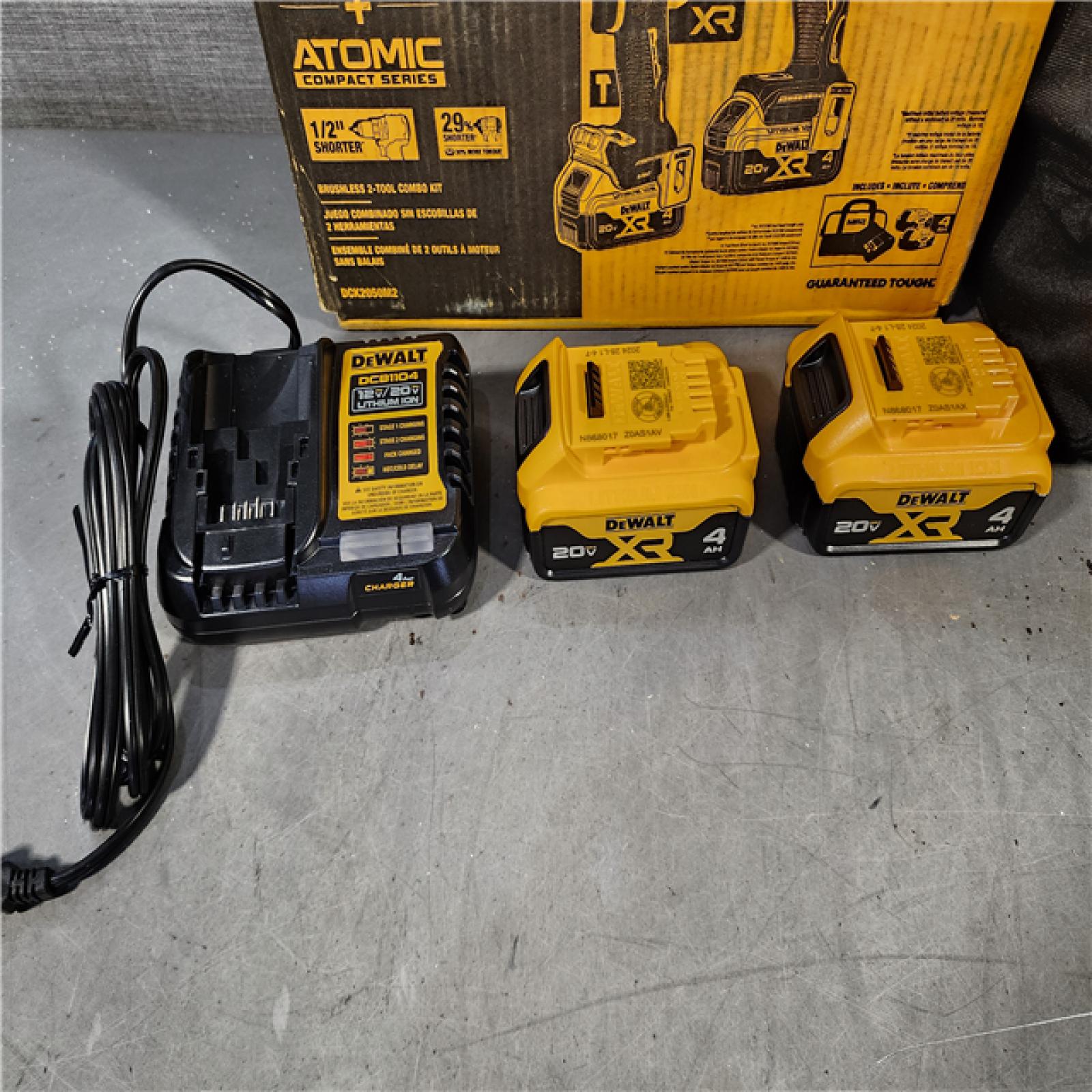 HOUSTON LOCATION - AS-IS DEWALT 20V MAX XR Hammer Drill and ATOMIC Impact Driver 2 Tool Cordless Combo Kit with (2) 4.0Ah Batteries, Charger, and Bag