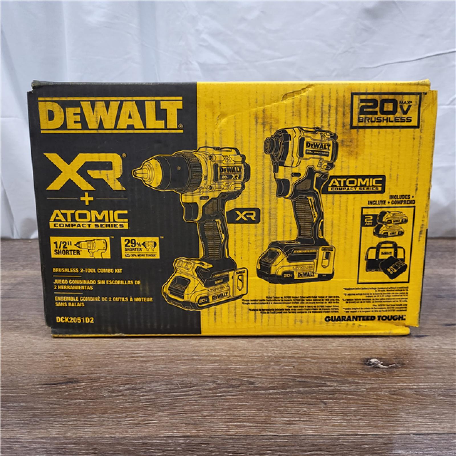 AS-IS DeWalt 20V MAX XR Cordless Drill/Driver, ATOMIC Impact Driver 2 Tool Combo Kit, (2) 2.0Ah Batteries, Charger, and Bag